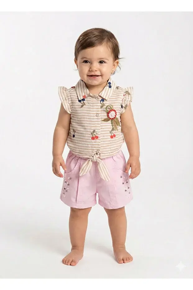 Kız Bebek Çizgili Bluz ve Şort Takımı (9-12-18 Ay) Seri - 802-Bej