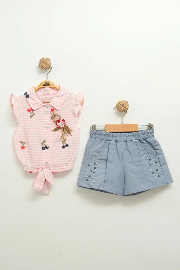 Kız Bebek Çizgili Bluz ve Şort Takımı (9-12-18 Ay) Seri - 802-Pembe