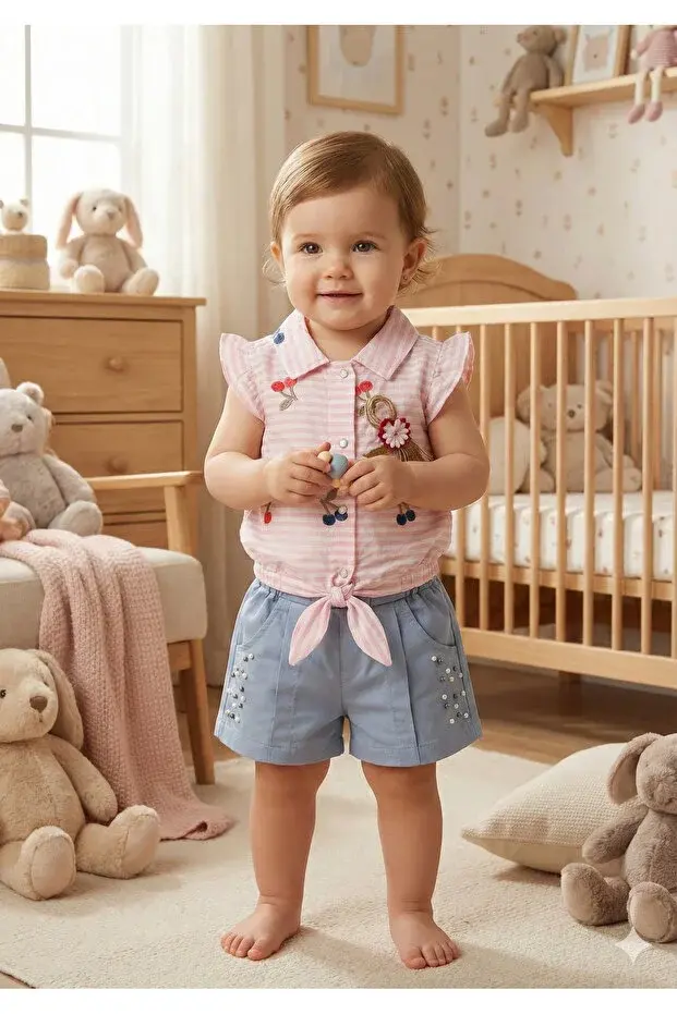 Kız Bebek Çizgili Bluz ve Şort Takımı (9-12-18 Ay) Seri - 802-Pembe