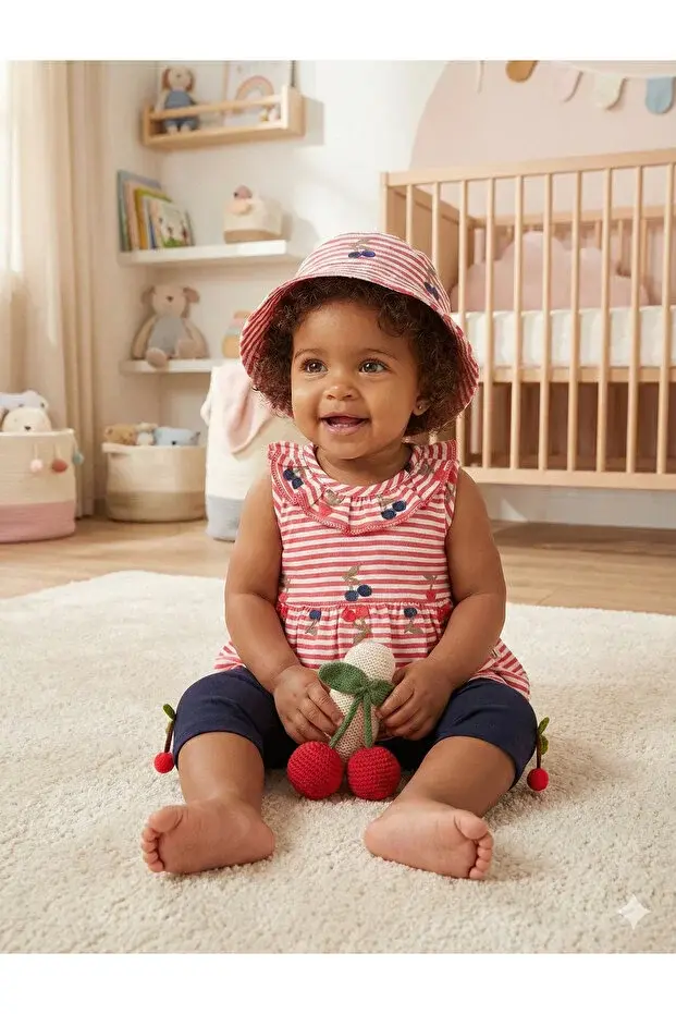 Kız Bebek Çizgili Elbise ve Pantolon Takım (Şapkalı) (9-12-18 Ay) Seri -937-Somon Pembe