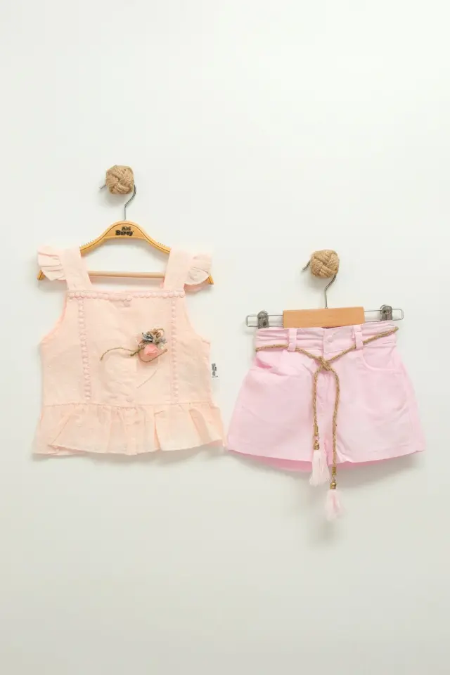 Kız Bebek Çiçek Detaylı Şortlu Pudra Pembe Takım (9-12-18 Ay) Seri - 800-Pudra Pembe