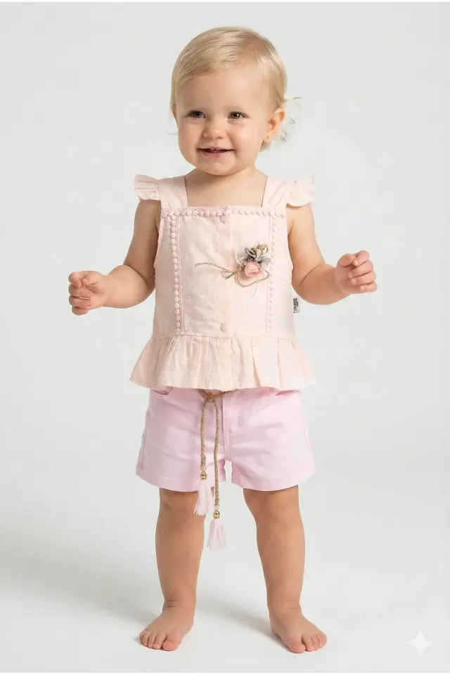 Kız Bebek Çiçek Detaylı Şortlu Pudra Pembe Takım (9-12-18 Ay) Seri - 800-Pudra Pembe