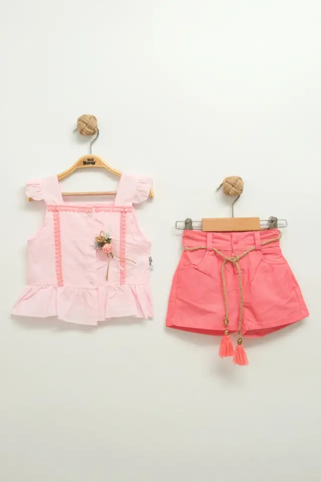 Kız Bebek Çiçek Detaylı Şortlu Pembe Takım (9-12-18 Ay) Seri - 800-Pembe