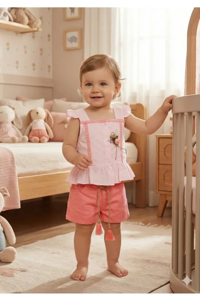 Kız Bebek Çiçek Detaylı Şortlu Pembe Takım (9-12-18 Ay) Seri - 800-Pembe