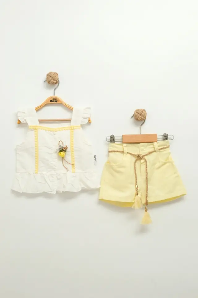 Kız Bebek Çiçek Detaylı Şortlu Beyaz Takım (9-12-18 Ay) Seri - 800-Beyaz