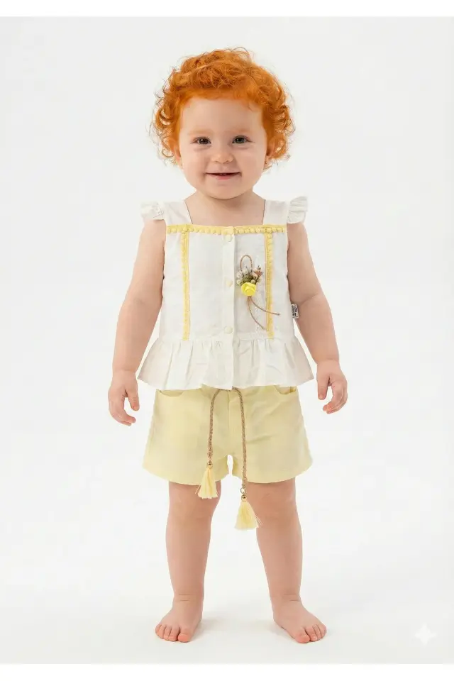 Kız Bebek Çiçek Detaylı Şortlu Beyaz Takım (9-12-18 Ay) Seri - 800-Beyaz