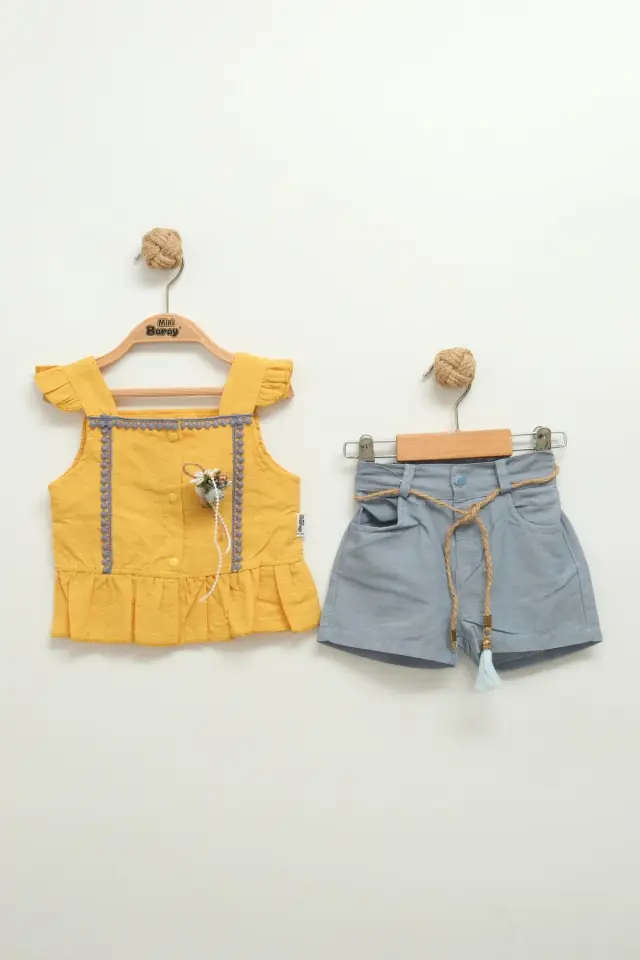 Kız Bebek Çiçek Detaylı Şortlu Hardal Sarı Takım (9-12-18 Ay) Seri - 800-Hardal Sarı