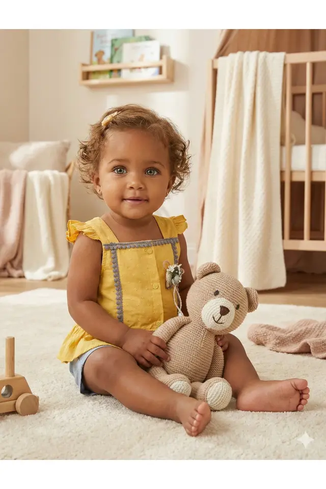 Kız Bebek Çiçek Detaylı Şortlu Hardal Sarı Takım (9-12-18 Ay) Seri - 800-Hardal Sarı