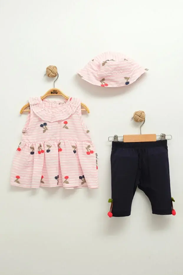 Kız Bebek Çizgili Elbise ve Pantolon Takım (Şapkalı) (9-12-18 Ay) Seri -937-Pembe