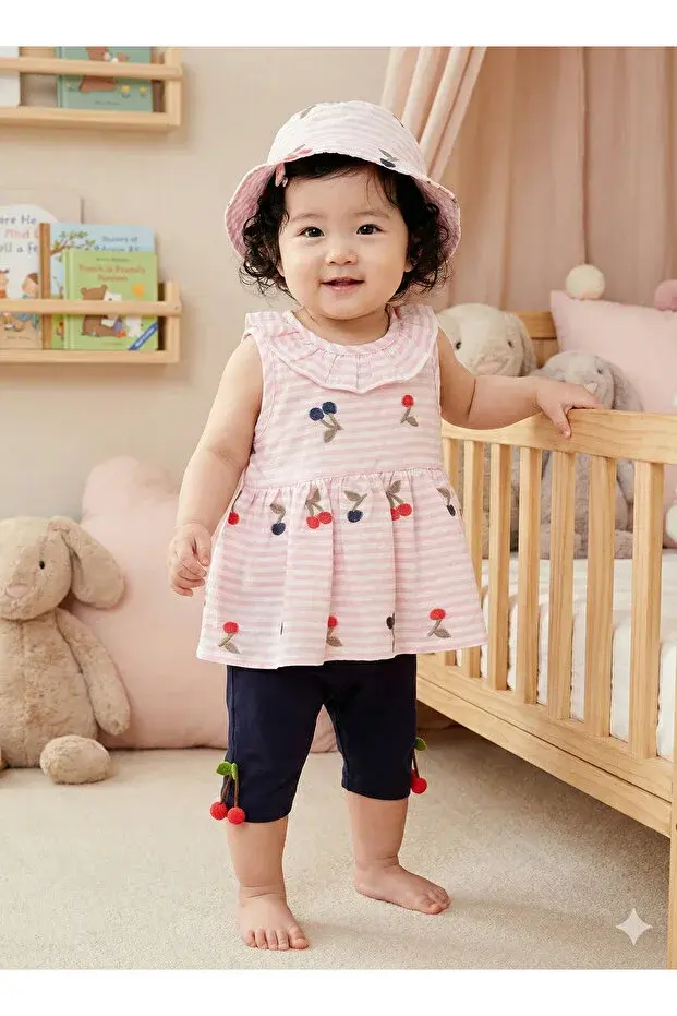 Kız Bebek Çizgili Elbise ve Pantolon Takım (Şapkalı) (9-12-18 Ay) Seri -937-Pembe