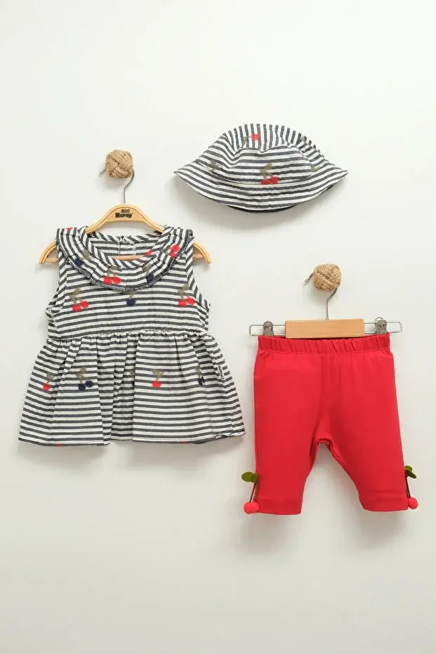 Kız Bebek Çizgili Elbise ve Pantolon Takım (Şapkalı) (9-12-18 Ay) Seri -937-Gri