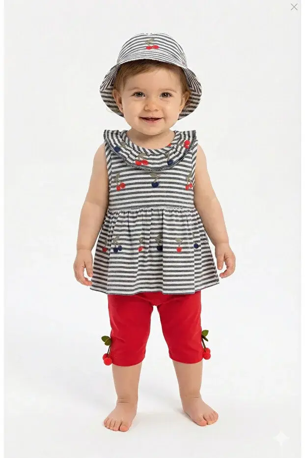 Kız Bebek Çizgili Elbise ve Pantolon Takım (Şapkalı) (9-12-18 Ay) Seri -937-Gri