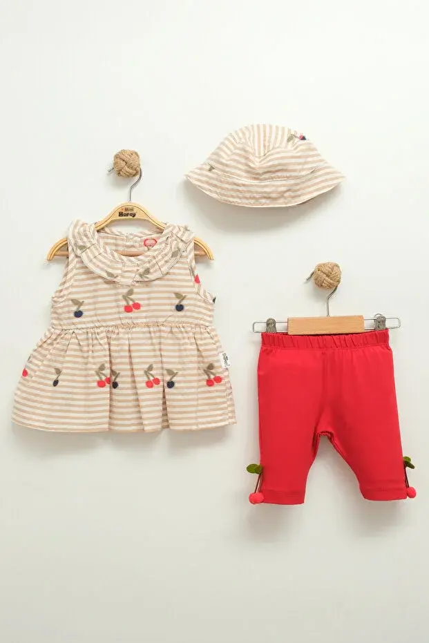 Kız Bebek Çizgili Elbise ve Pantolon Takım (Şapkalı) (9-12-18 Ay) Seri -937-Bej