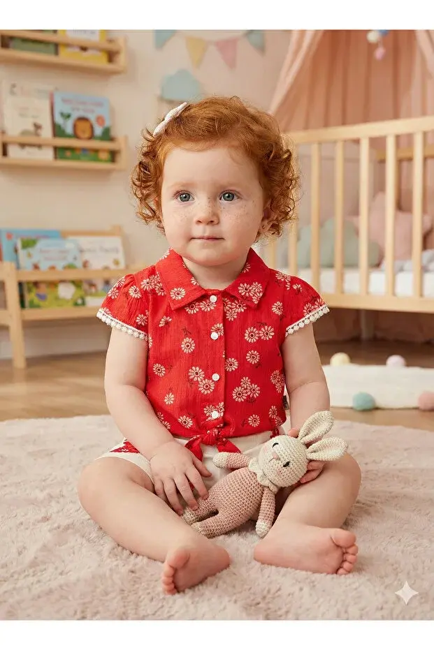Kız Bebek Desenli Gömlek ve Şort Takımı (9-12-18 Ay) Seri -933-Kırmızı