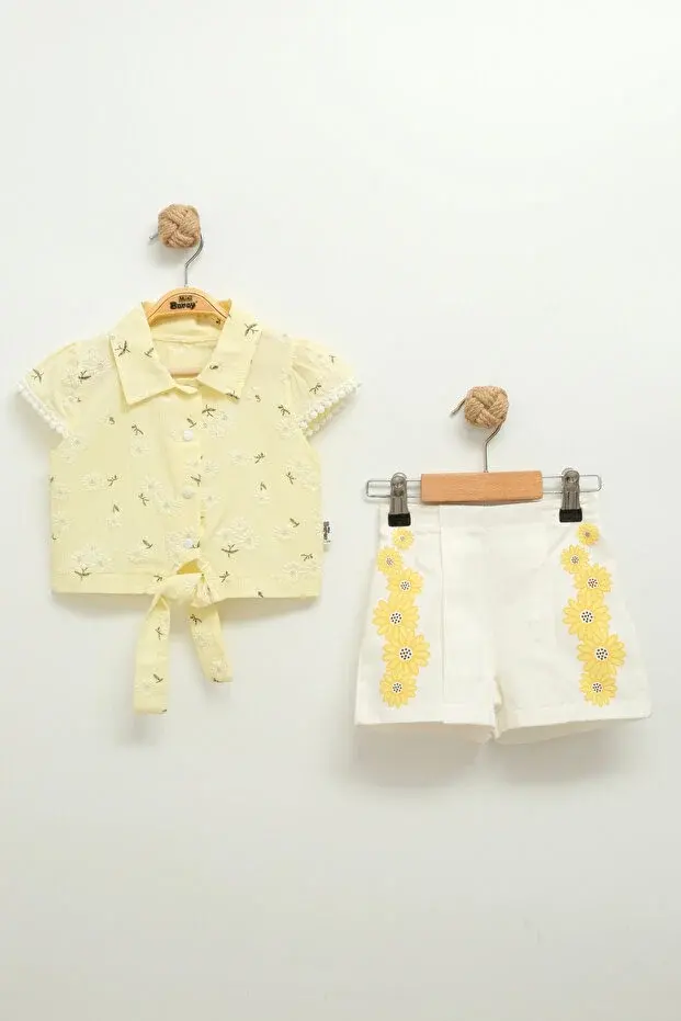 Kız Bebek Desenli Gömlek ve Şort Takımı (9-12-18 Ay) Seri -933-Sarı