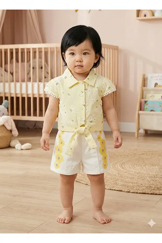Kız Bebek Desenli Gömlek ve Şort Takımı (9-12-18 Ay) Seri -933-Sarı