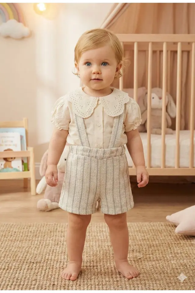 Kız Bebek Pötikare Mavi Tulum ve Bluz Takımı (9-12-18-24 Ay) Seri - 1073-Mavi