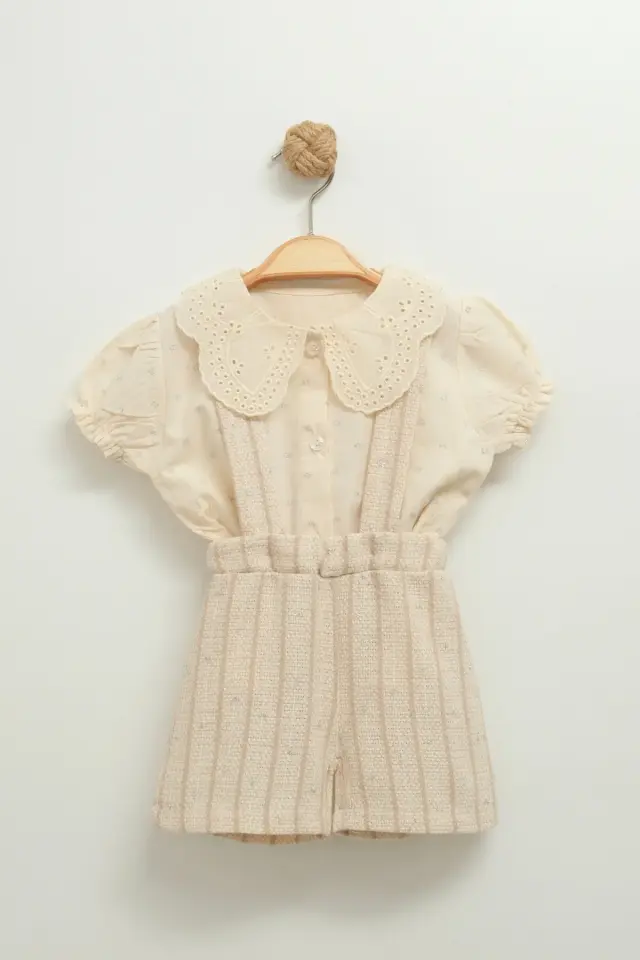 Kız Bebek Pötikare Kahverengi Tulum ve Bluz Takımı (9-12-18-24 Ay) Seri - 1073-Kahverengi