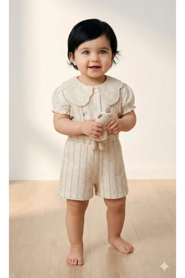 Kız Bebek Pötikare Kahverengi Tulum ve Bluz Takımı (9-12-18-24 Ay) Seri - 1073-Kahverengi