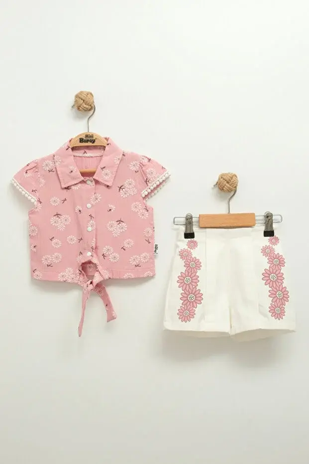 Kız Bebek Desenli Gömlek ve Şort Takımı (9-12-18 Ay) Seri -933-Pembe