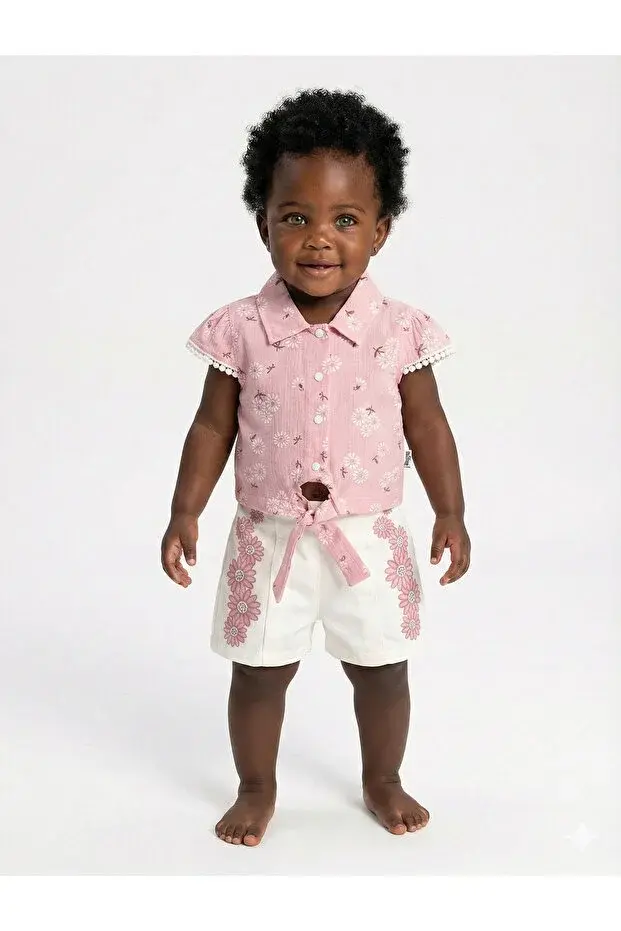 Kız Bebek Desenli Gömlek ve Şort Takımı (9-12-18 Ay) Seri -933-Pembe