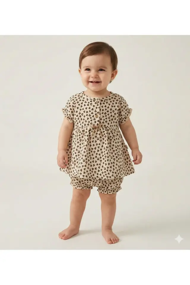 Kız Bebek Puantiyeli Bej Elbise ve Külotlu Takım (6-9-12-18 Ay) Seri - 1106-Bej