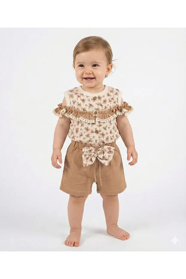 Kız Bebek Çiçek Desenli Bluz ve Şort Takımı (9-12-18 Ay) Seri -1077-Kahverengi