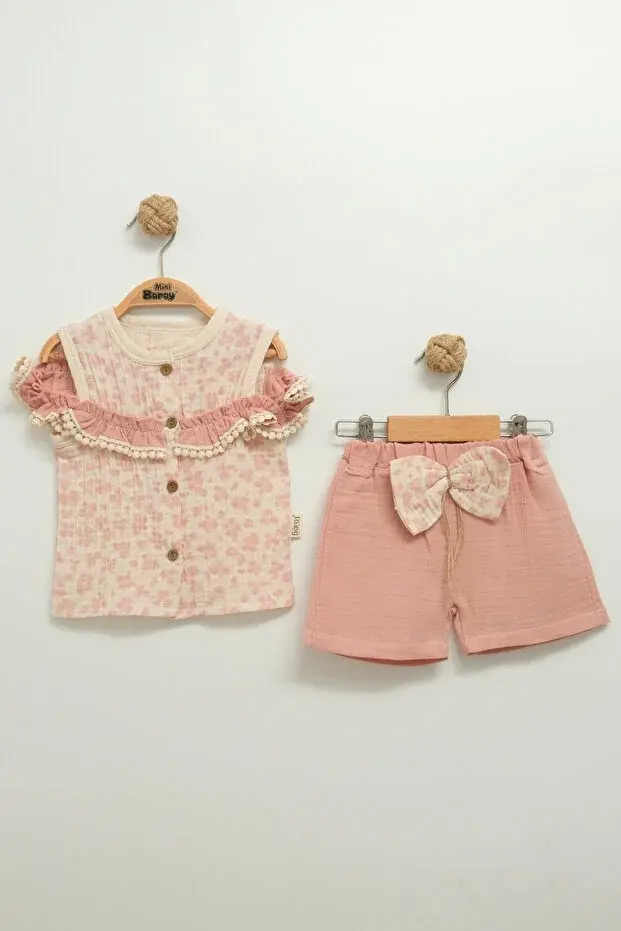 Kız Bebek Çiçek Desenli Bluz ve Şort Takımı (9-12-18 Ay) Seri -1077-Somon Pembe