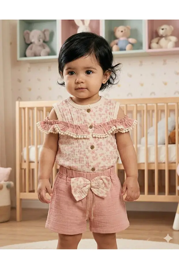 Kız Bebek Çiçek Desenli Bluz ve Şort Takımı (9-12-18 Ay) Seri -1077-Somon Pembe