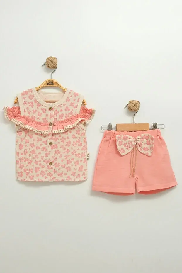 Kız Bebek Çiçek Desenli Bluz ve Şort Takımı (9-12-18 Ay) Seri -1077-Pembe