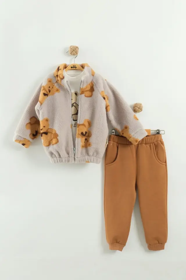 Çocuk Ayı Desen Peluş 3'lü Gri Peluş Eşofman Takım (2-3-4 Yaş)-Seri - 1023-Gri