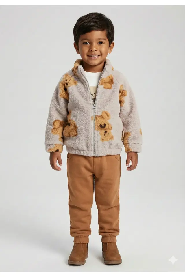 Çocuk Ayı Desen Peluş 3'lü Gri Peluş Eşofman Takım (2-3-4 Yaş)-Seri - 1023-Gri