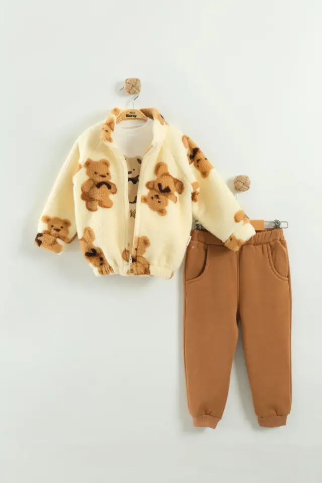 Çocuk Ayı Desen Peluş 3'lü Krem Peluş Eşofman Takım (2-3-4 Yaş)-Seri - 1023-Krem