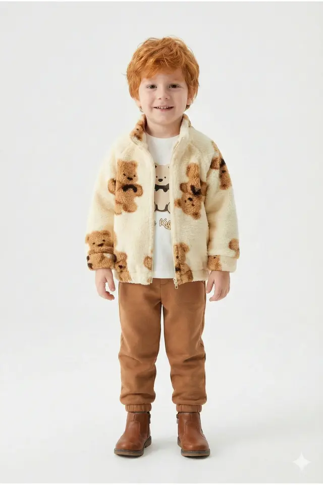 Çocuk Ayı Desen Peluş 3'lü Krem Peluş Eşofman Takım (2-3-4 Yaş)-Seri - 1023-Krem