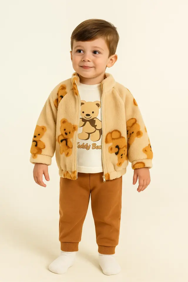 Çocuk Ayı Desen Peluş 3'lü Bej Peluş Eşofman Takım (2-3-4 Yaş)-Seri - 1023-Bej