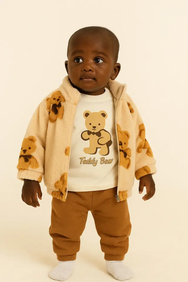 Çocuk Ayı Desen Peluş 3'lü Bej Peluş Eşofman Takım (2-3-4 Yaş)-Seri - 1023-Bej