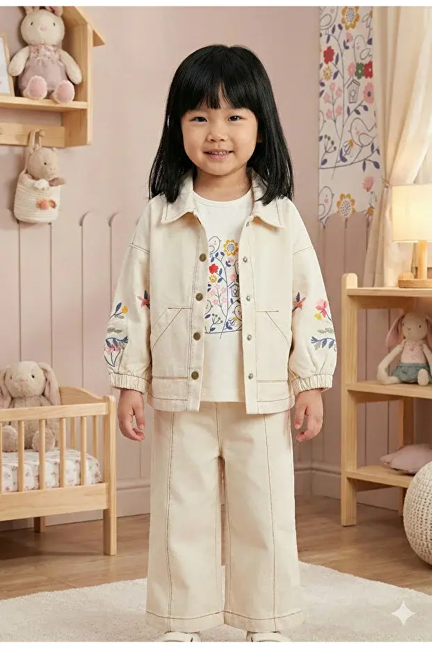 Kız Çocuk Çiçek Nakışlı Ceket ve Pantolon 3'lü Takım (2-3-4-5 Yaş) Seri -1082-Bej