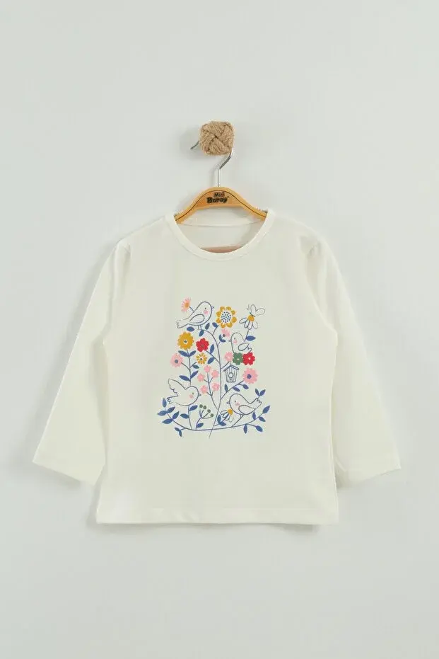 Kız Çocuk Çiçek Nakışlı Ceket ve Pantolon 3'lü Takım (2-3-4-5 Yaş) Seri -1082-Krem