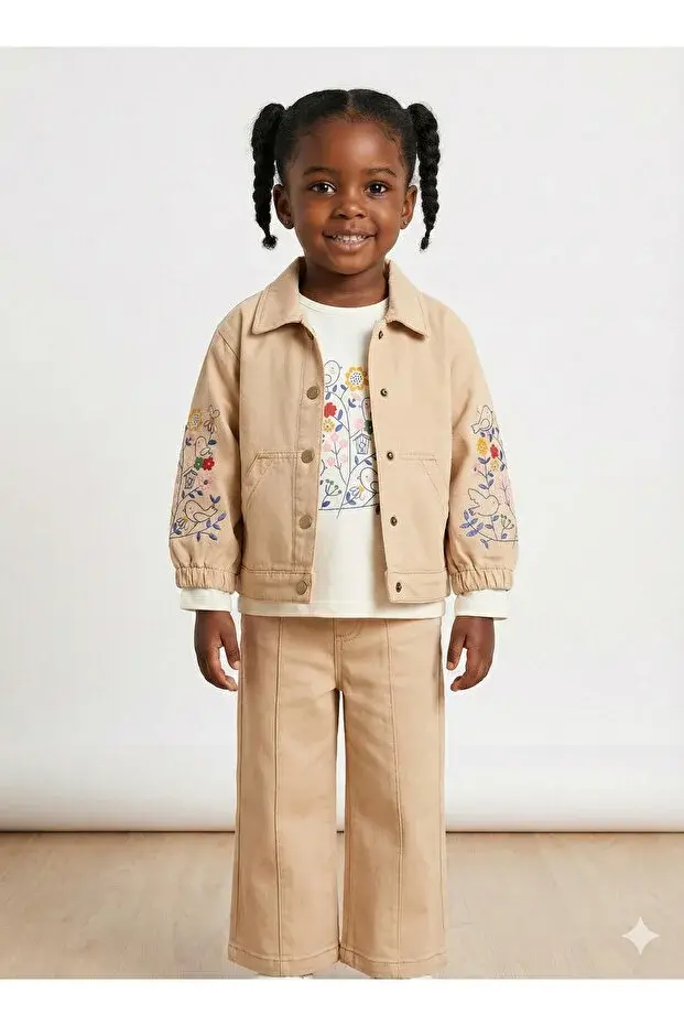 Kız Çocuk Çiçek Nakışlı Ceket ve Pantolon 3'lü Takım (2-3-4-5 Yaş) Seri -1082-Krem
