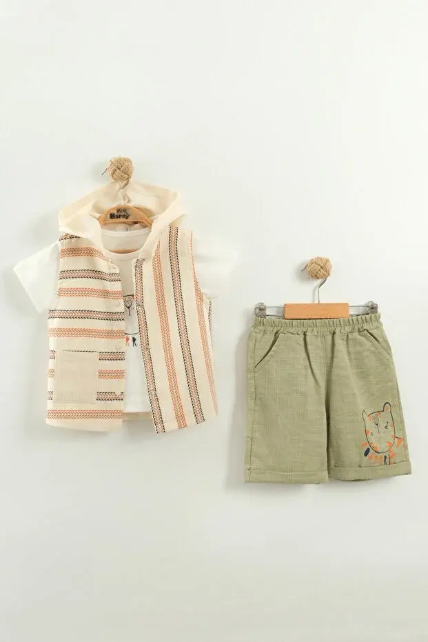 Erkek Bebek Çizgili Tişört, Şort ve Yelek 3’lü Takım (9-12-18-24 Ay) Seri -1070-Yeşil