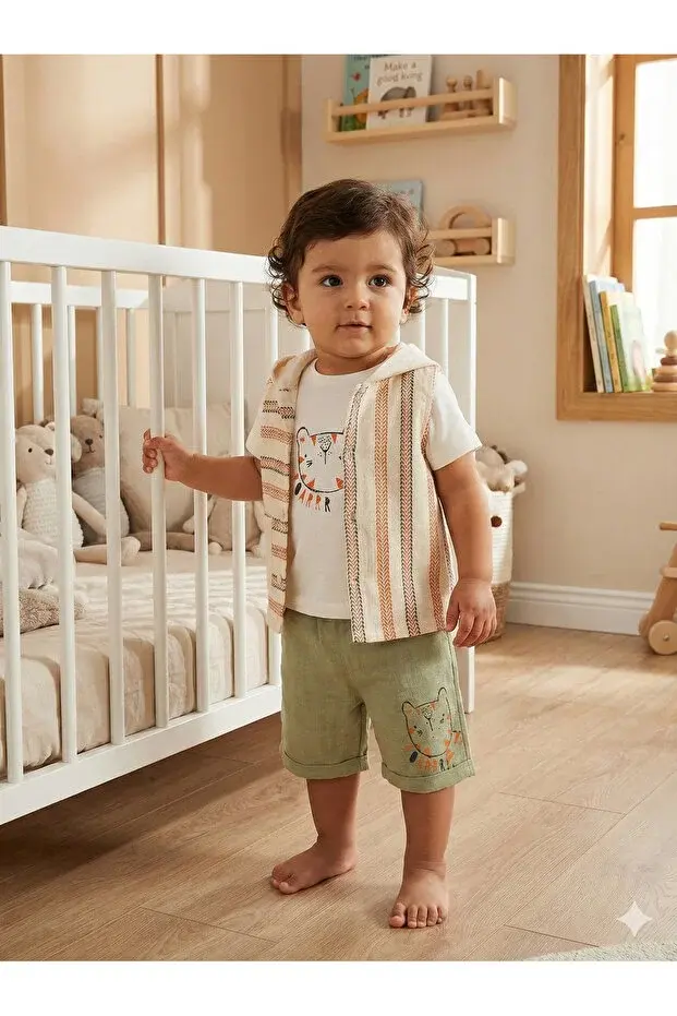 Erkek Bebek Çizgili Tişört, Şort ve Yelek 3’lü Takım (9-12-18-24 Ay) Seri -1070-Yeşil
