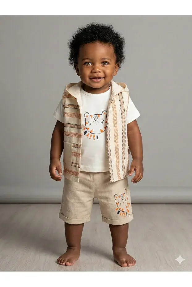 Erkek Bebek Çizgili Tişört, Şort ve Yelek 3’lü Takım (9-12-18-24 Ay) Seri -1070-Bej