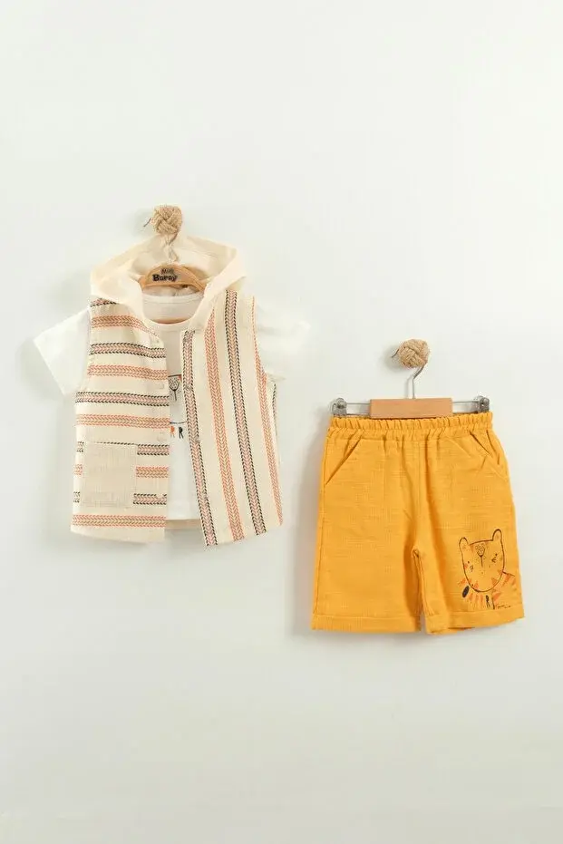 Erkek Bebek Çizgili Tişört, Şort ve Yelek 3’lü Takım (9-12-18-24 Ay) Seri -1070-Hardal Sarı