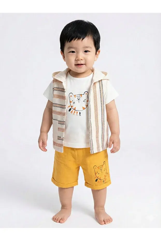Erkek Bebek Çizgili Tişört, Şort ve Yelek 3’lü Takım (9-12-18-24 Ay) Seri -1070-Hardal Sarı