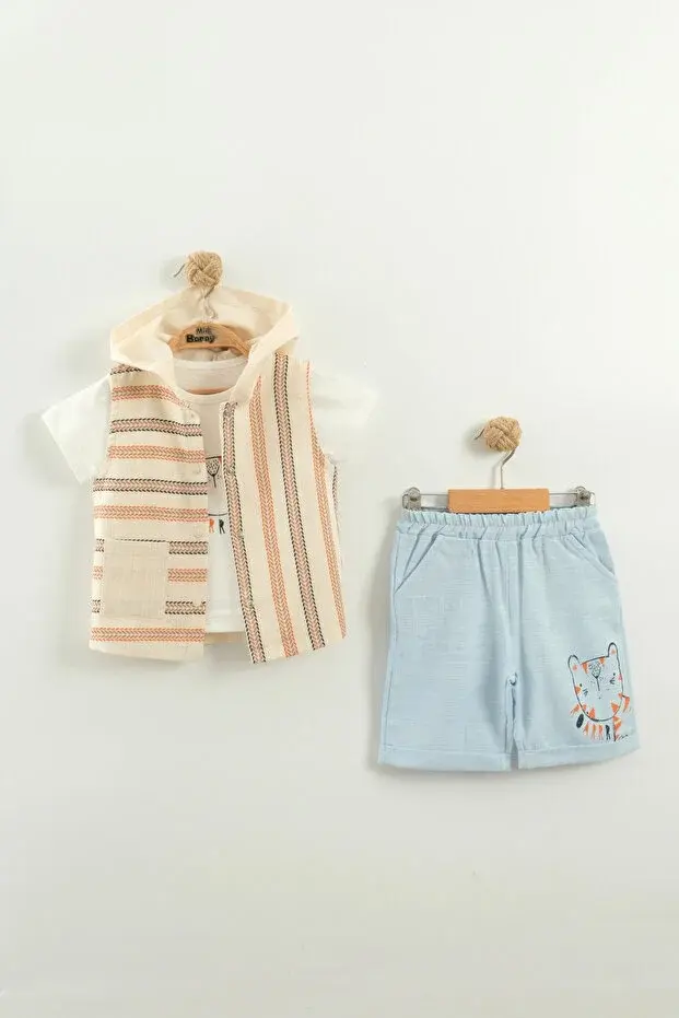 Erkek Bebek Çizgili Tişört, Şort ve Yelek 3’lü Takım (9-12-18-24 Ay) Seri -1070-Mavi