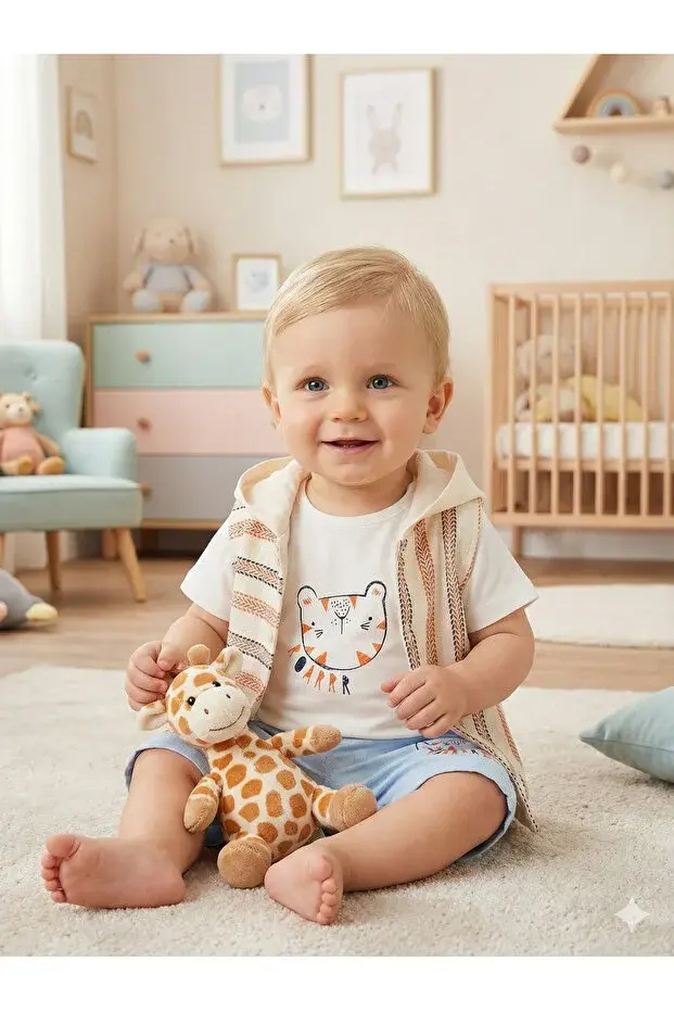 Erkek Bebek Çizgili Tişört, Şort ve Yelek 3’lü Takım (9-12-18-24 Ay) Seri -1070-Mavi