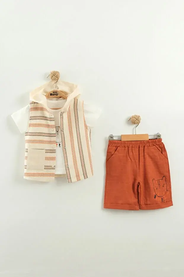 Erkek Bebek Çizgili Tişört, Şort ve Yelek 3’lü Takım (9-12-18-24 Ay) Seri -1070-Kiremit Kırmızı