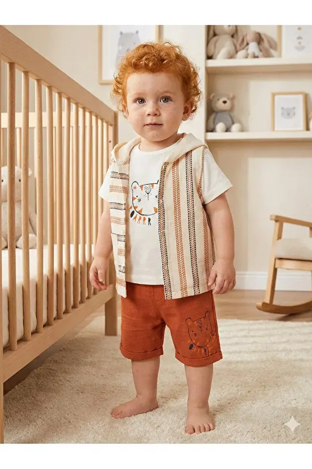 Erkek Bebek Çizgili Tişört, Şort ve Yelek 3’lü Takım (9-12-18-24 Ay) Seri -1070-Kiremit Kırmızı