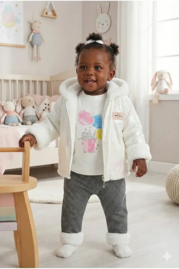 Kız Bebek Baskılı Sweatshirt, Pantolon ve Ceket 3'lü Takım (9-12-18 Ay) Seri -1019-Beyaz