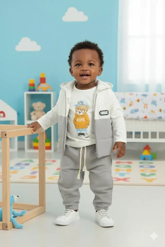 Erkek Bebek Gri Mont ve Jogger Pantolon 3'lü Takım (9-12-18 Ay) Seri - 1083-Gri